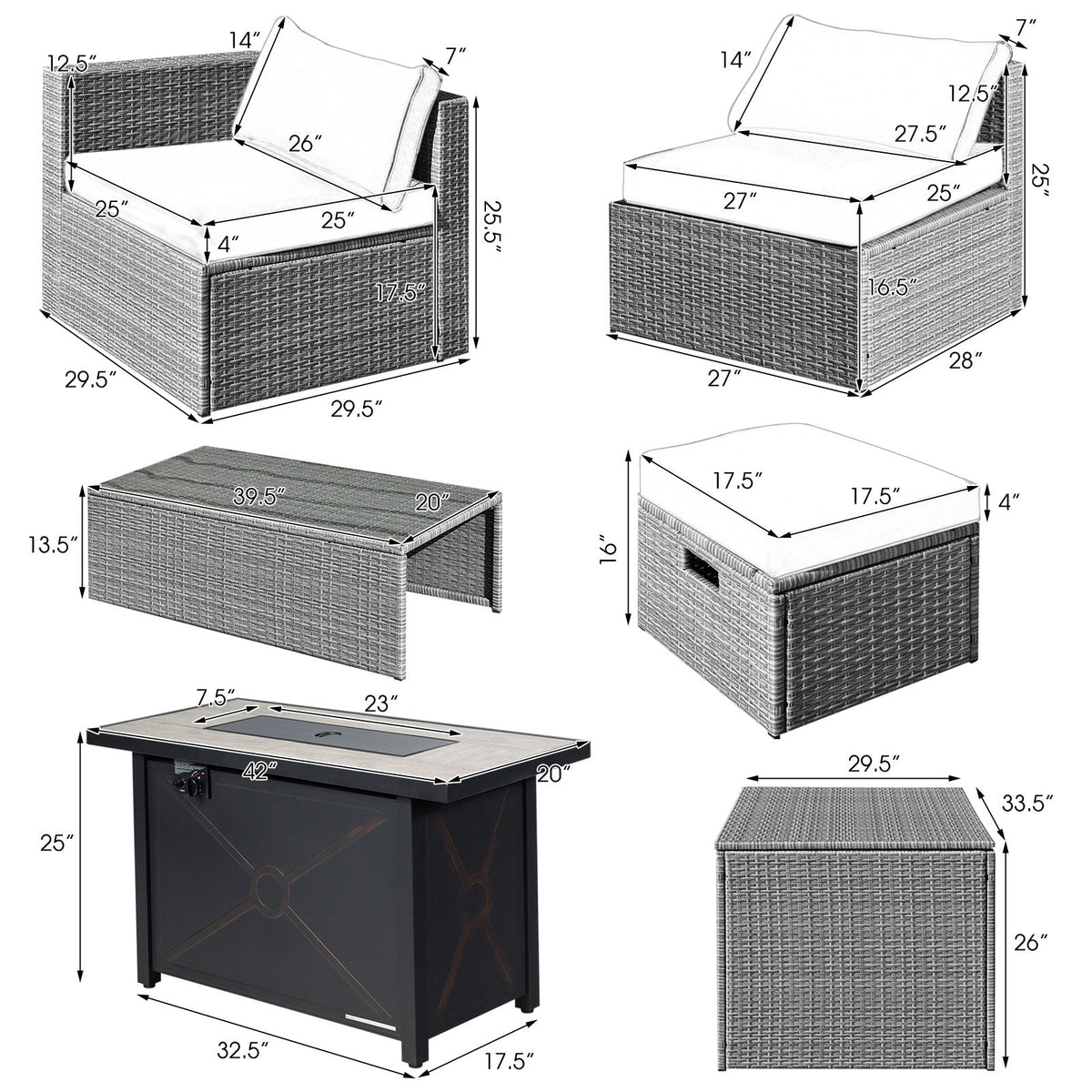 Product dimension diagram showing the fire pit table, corner and armless sofas, ottoman, coffee table, and storage box.
