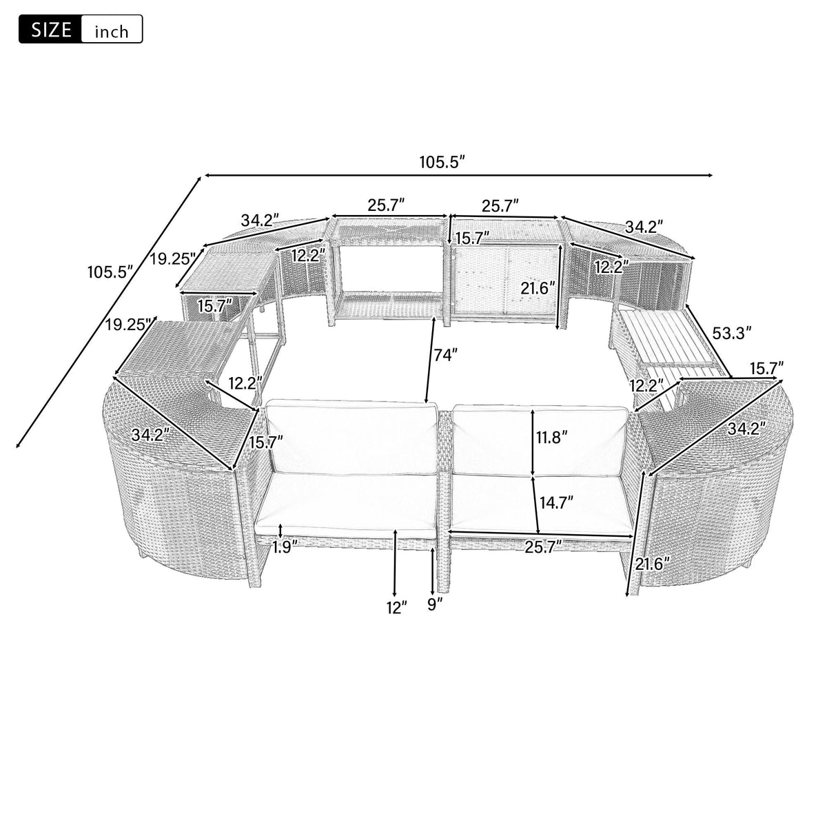 Product dimension diagram showing the spa surround's overall and component measurements.
