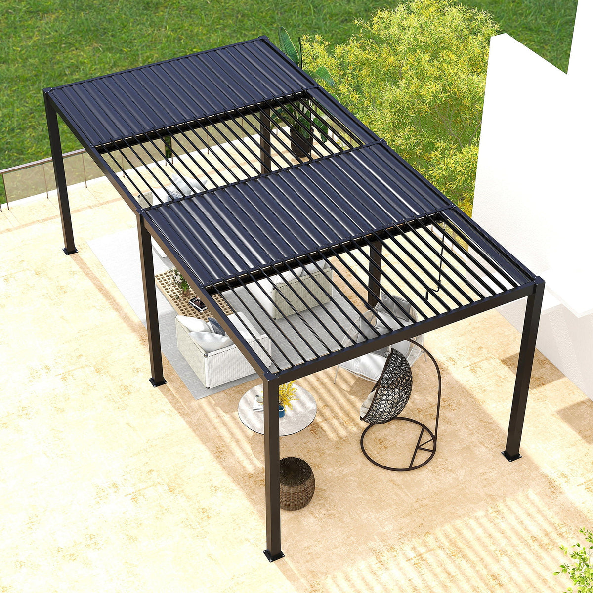 Black aluminum louver pergola viewed from above with the adjustable roof open over an outdoor patio.