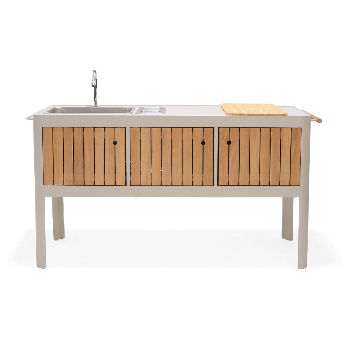 Portable outdoor kitchen with stainless steel sink and teak cabinet details.
