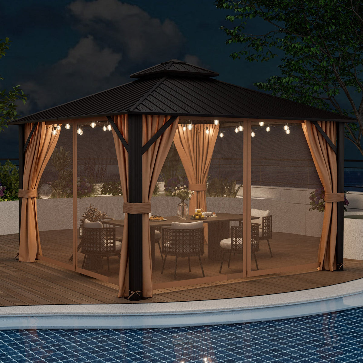 Gazebo with curtains and string lights by a pool at night