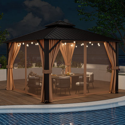 Gazebo with curtains and string lights by a pool at night