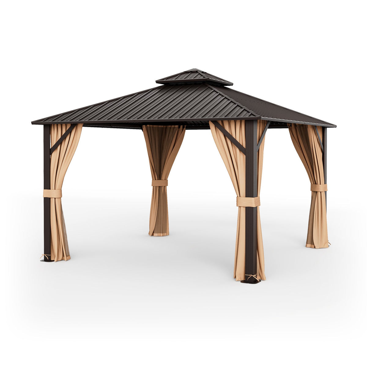 Gazebo with brown roof and beige curtains on a white background