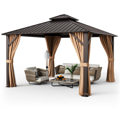 A large outdoor patio gazebo with a dark brown metal roof and tan curtains, furnished with a beige sofa, matching armchair, coffee table, and a floor lamp, shown on a clean white background.
