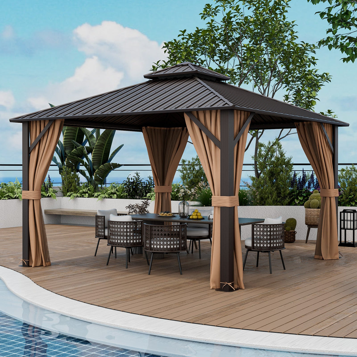 Outdoor gazebo with curtains on a wooden deck by a pool, surrounded by greenery.