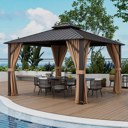 Outdoor gazebo with curtains on a wooden deck by a pool, surrounded by greenery.