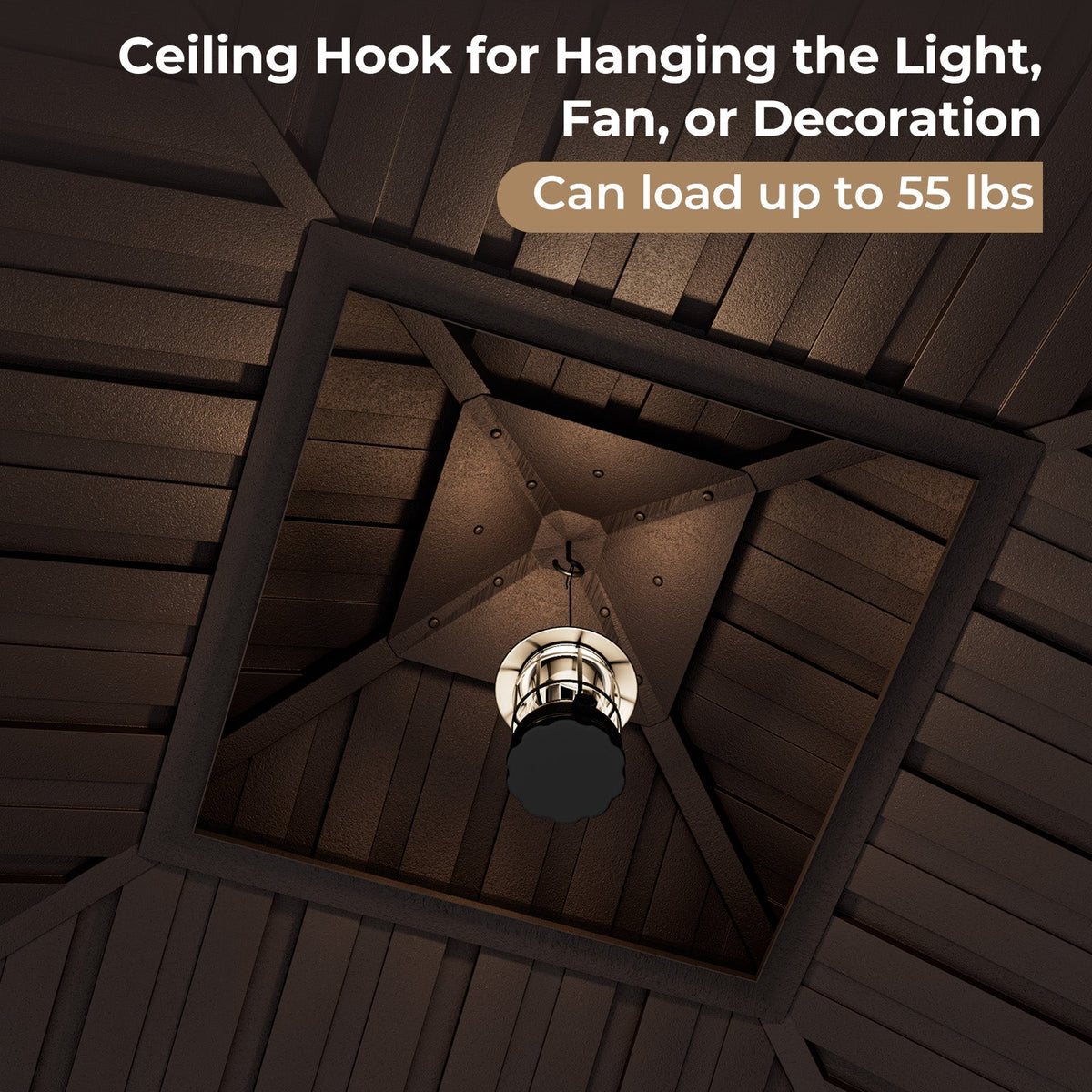 Ceiling hook for hanging light, fan, or decoration with wooden ceiling design