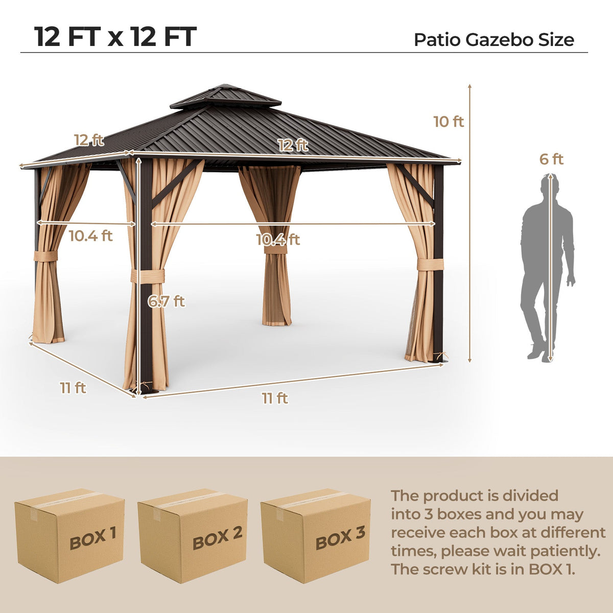 Patio gazebo with dimensions and a person for scale, followed by three cardboard boxes labeled 'Box 1', 'Box 2', and 'Box 3'.