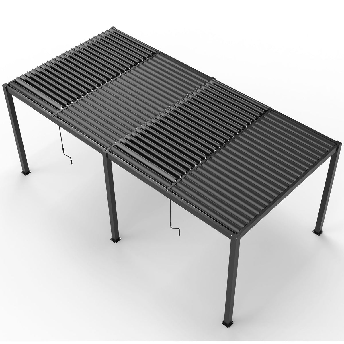 Black aluminum louver pergola shown from an elevated angle with sections of the louver roof open