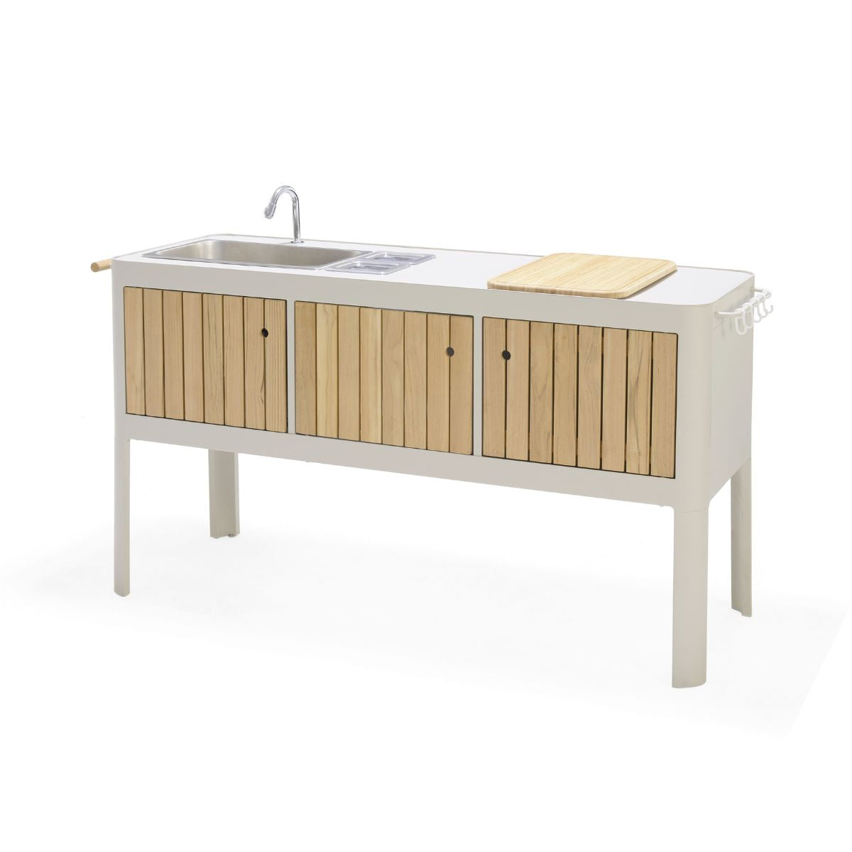 Angled studio view of the portable outdoor kitchen with stainless steel sink.