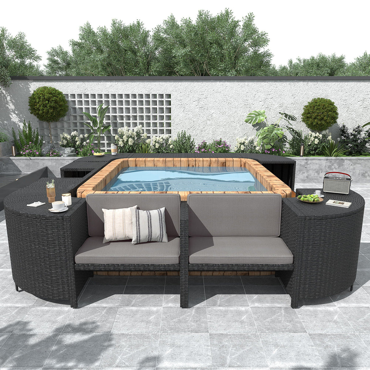 Dark rattan spa surround with gray cushions shown in a patio scene.