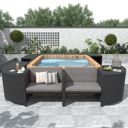 Dark rattan spa surround with gray cushions shown in a patio scene.