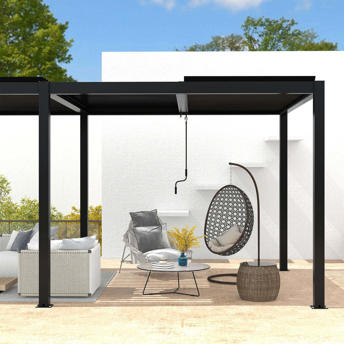 Black aluminum louver pergola styled over an outdoor seating area with a hanging chair.