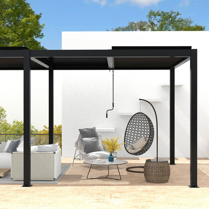 Black aluminum louver pergola styled over an outdoor seating area with a hanging chair.