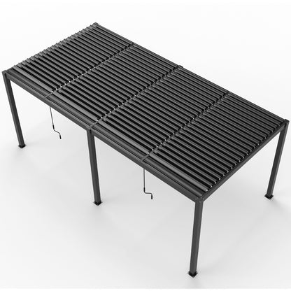 Black aluminum louver pergola shown from an elevated angle with the louver roof closed.