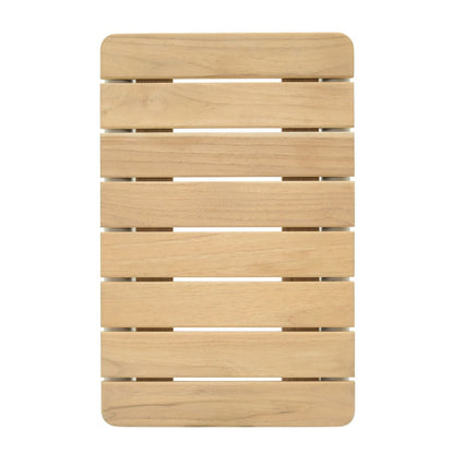 Coral Sand C-shaped outdoor side table with FSC-certified teak top on a white background.