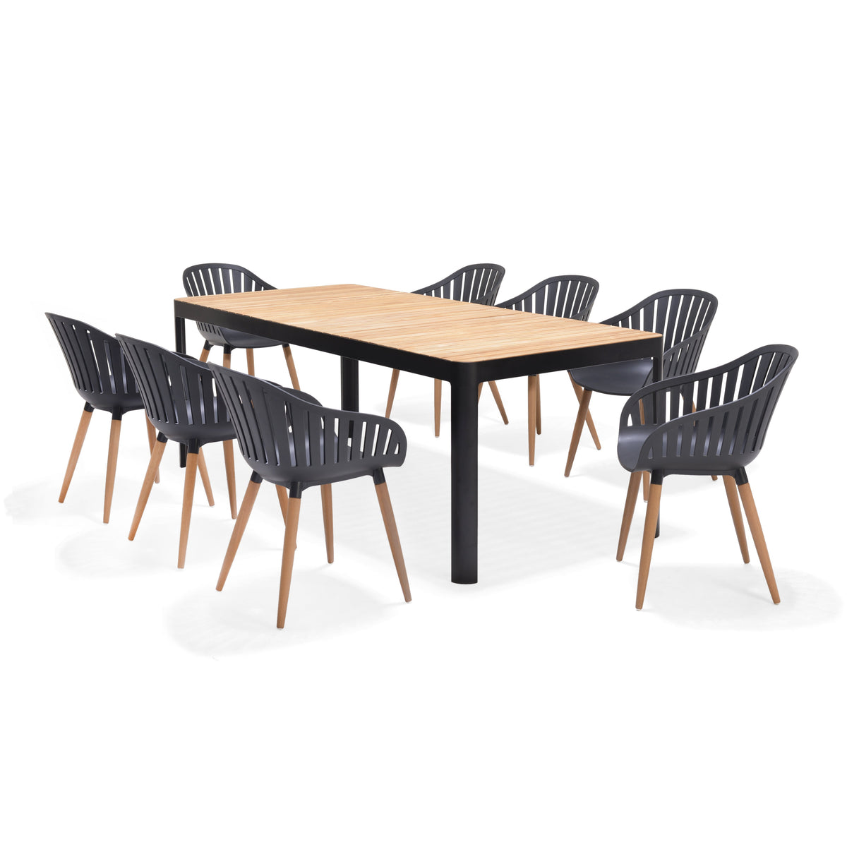 Studio view of the rectangular teak outdoor dining set with eight black chairs.