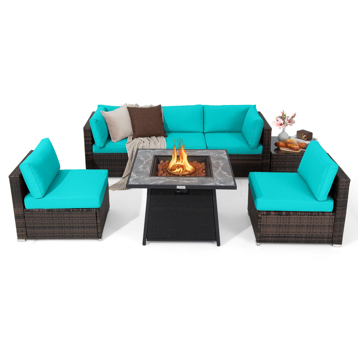 Seven-piece patio set in dark brown wicker with turquoise cushions and a fire pit table.