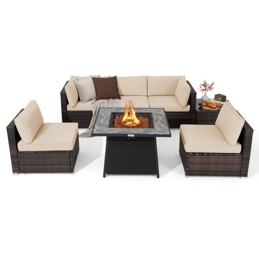 Seven-piece dark brown wicker patio set with beige cushions and a square fire pit table.