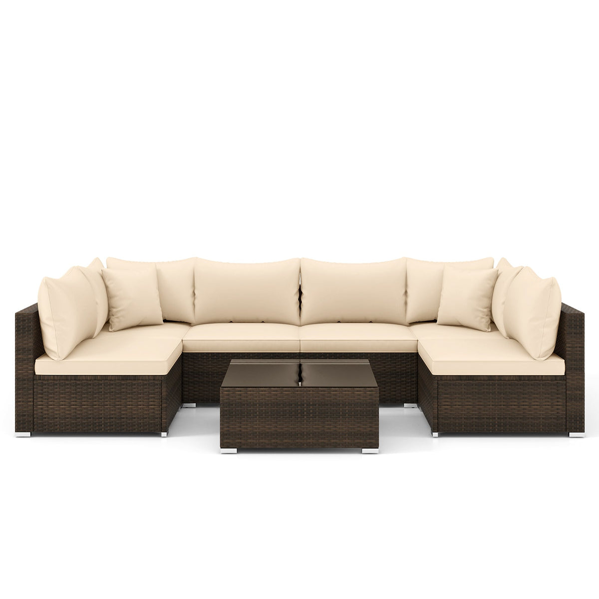Studio view of the seven-piece beige PE rattan outdoor sectional set with coffee table.