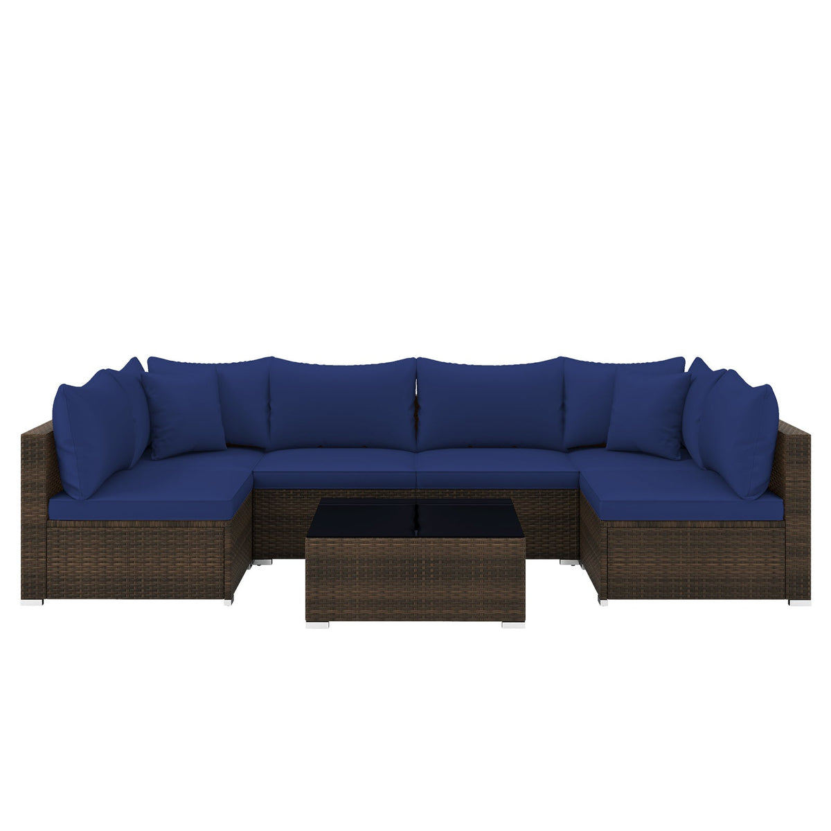 Navy PE rattan outdoor sectional set with cushions and coffee table.