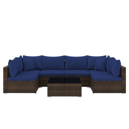 Navy PE rattan outdoor sectional set with cushions and coffee table.