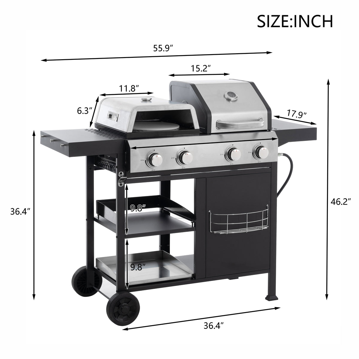 Dimension diagram for the freestanding gas grill, griddle, and pizza oven combo.