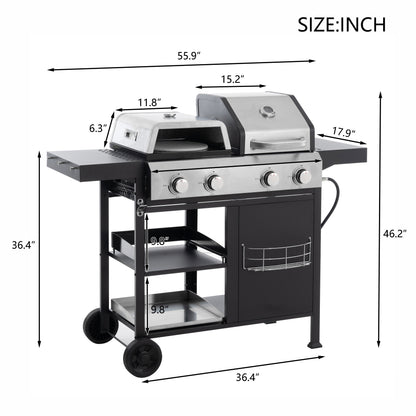 Dimension diagram for the freestanding gas grill, griddle, and pizza oven combo.