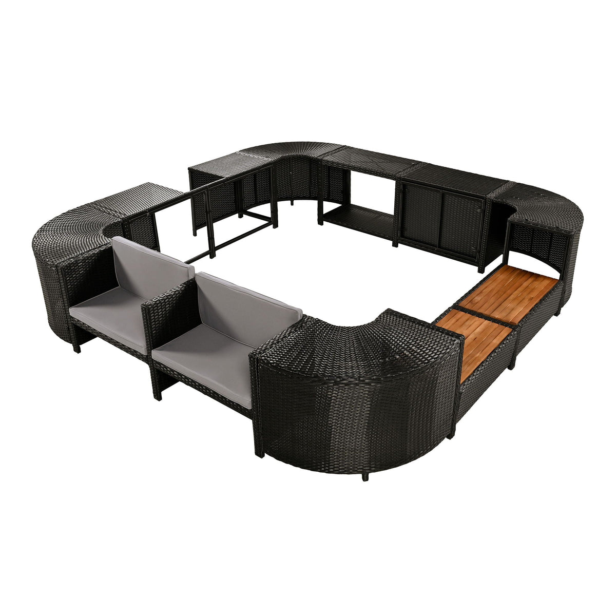 Studio view of the dark rattan spa surround with gray cushions and wooden seat surfaces.