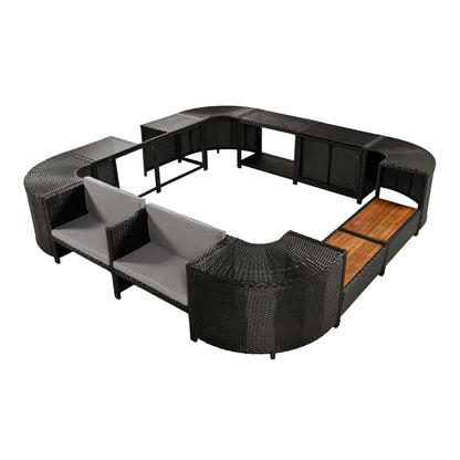 Studio view of the dark rattan spa surround with gray cushions and wooden seat surfaces.