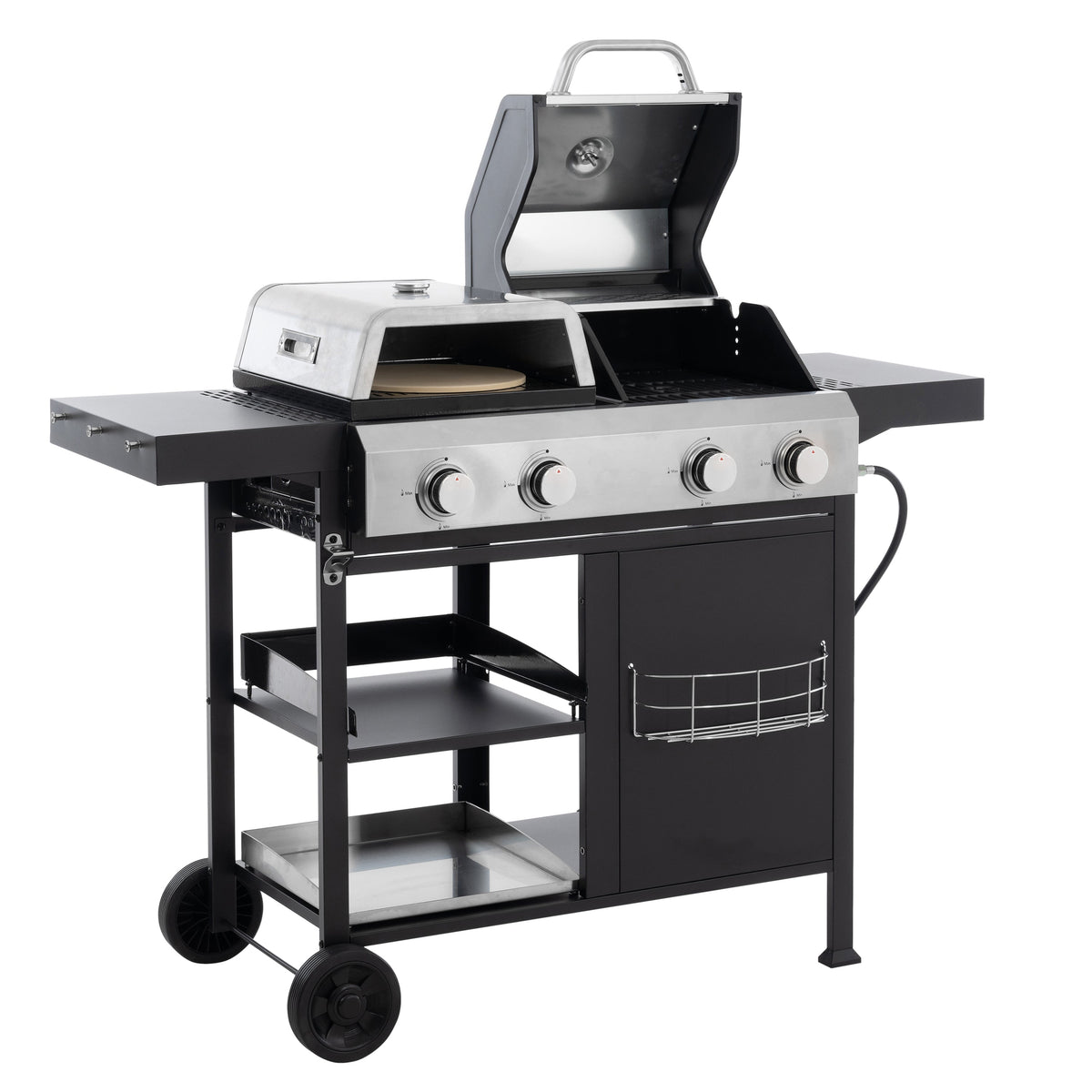 Studio view of the gas grill and griddle combo showing the flat-top cooking surface.