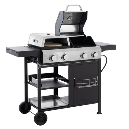 Studio view of the gas grill and griddle combo showing the flat-top cooking surface.