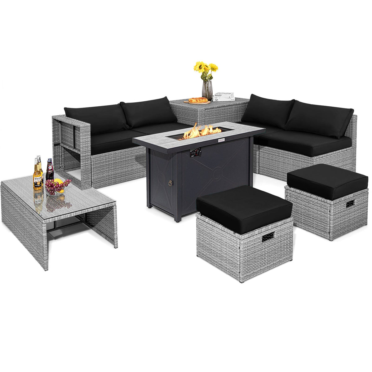 Nine-piece light gray wicker patio set with black cushions and a fire pit table.