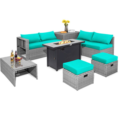Nine-piece patio set in light gray wicker with turquoise cushions and a fire pit table.