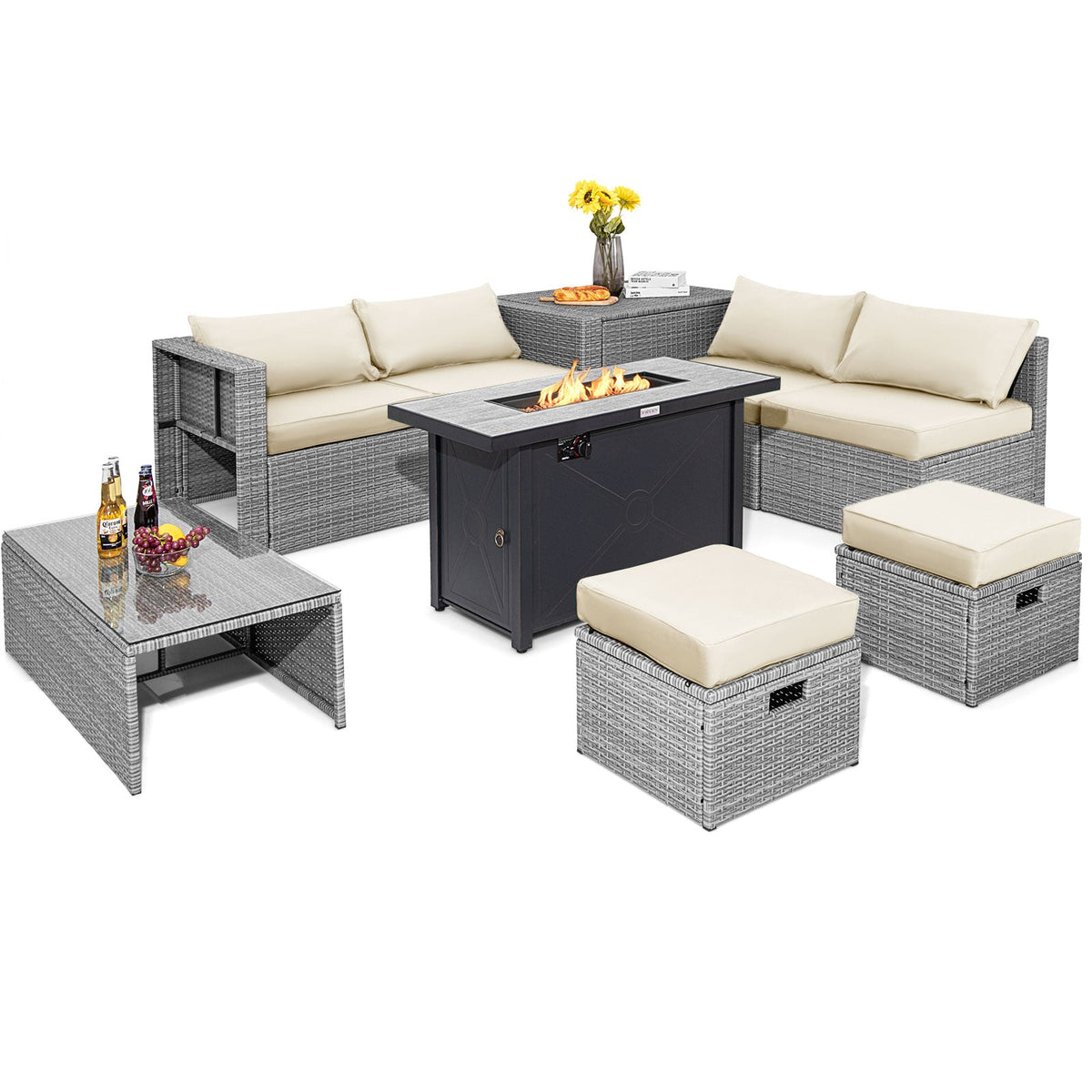 Nine-piece patio set in light gray wicker with white cushions and a fire pit table.