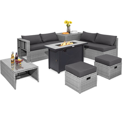 Nine-piece patio set in light gray wicker with dark gray cushions and a fire pit table.
