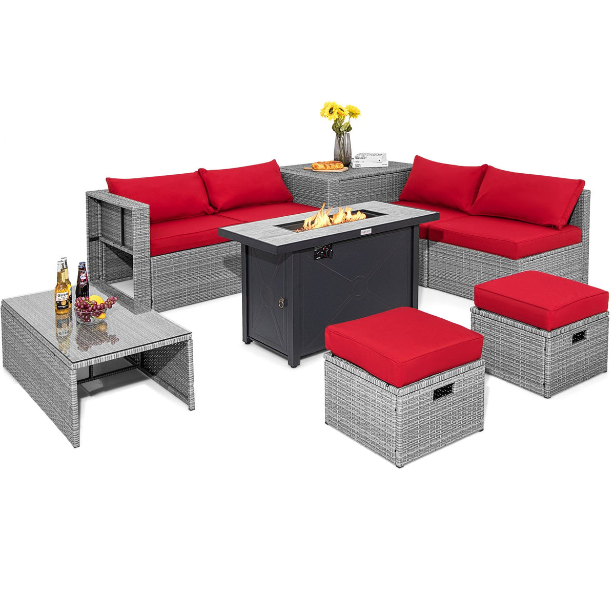 Nine-piece patio set in light gray wicker with red cushions and a fire pit table.