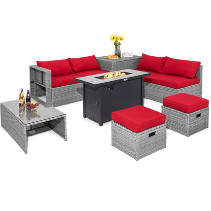 Nine-piece patio set in light gray wicker with red cushions and a fire pit table.