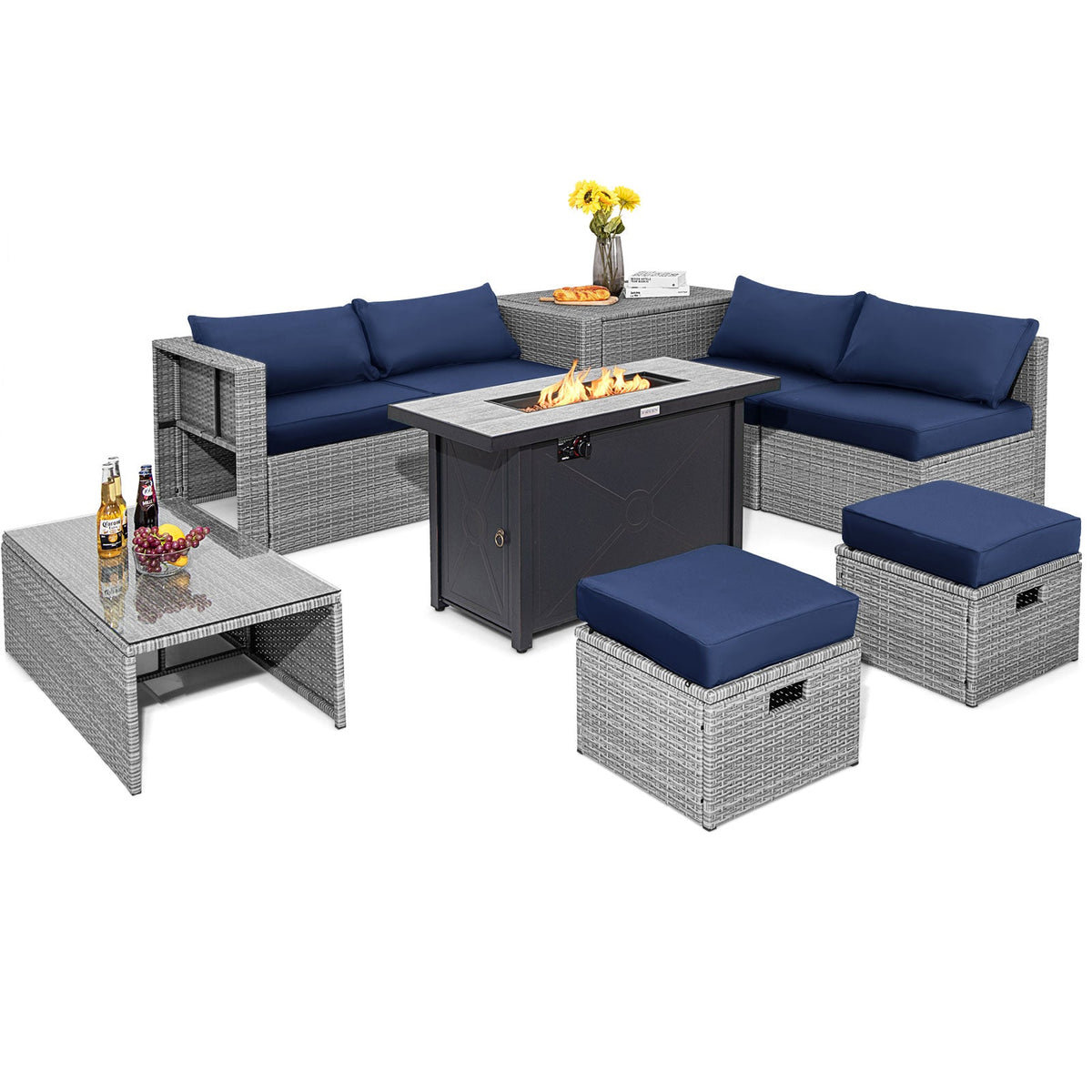 Nine-piece patio set in light gray wicker with navy cushions and a fire pit table.