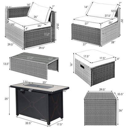 Product dimension diagram showing the fire pit table, corner and armless sofas, ottoman, coffee table, and storage box.