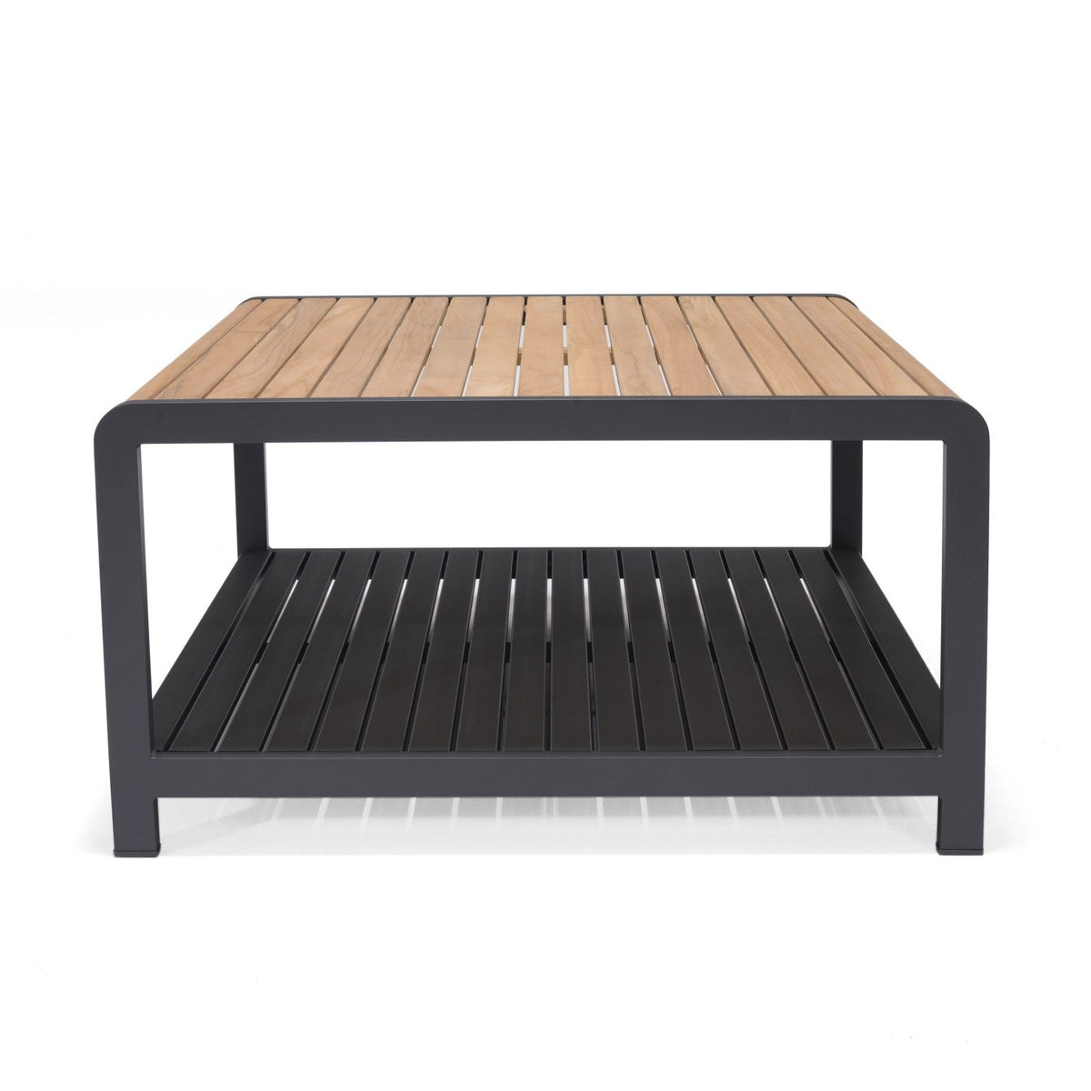 Square outdoor coffee table with a wood-tone top and lower shelf on a white background.

