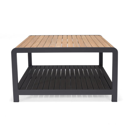 Square outdoor coffee table with a wood-tone top and lower shelf on a white background.
