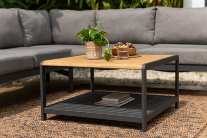 Outdoor sectional sofa and square coffee table arranged on a patio.
