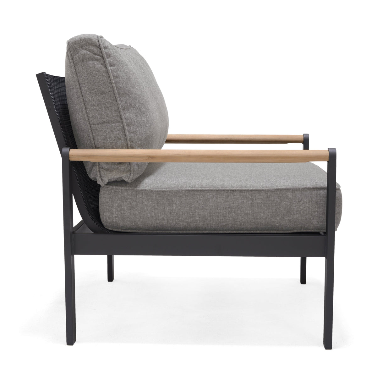 Front view of the outdoor lounge chair with grey cushions and FSC teak armrests.
