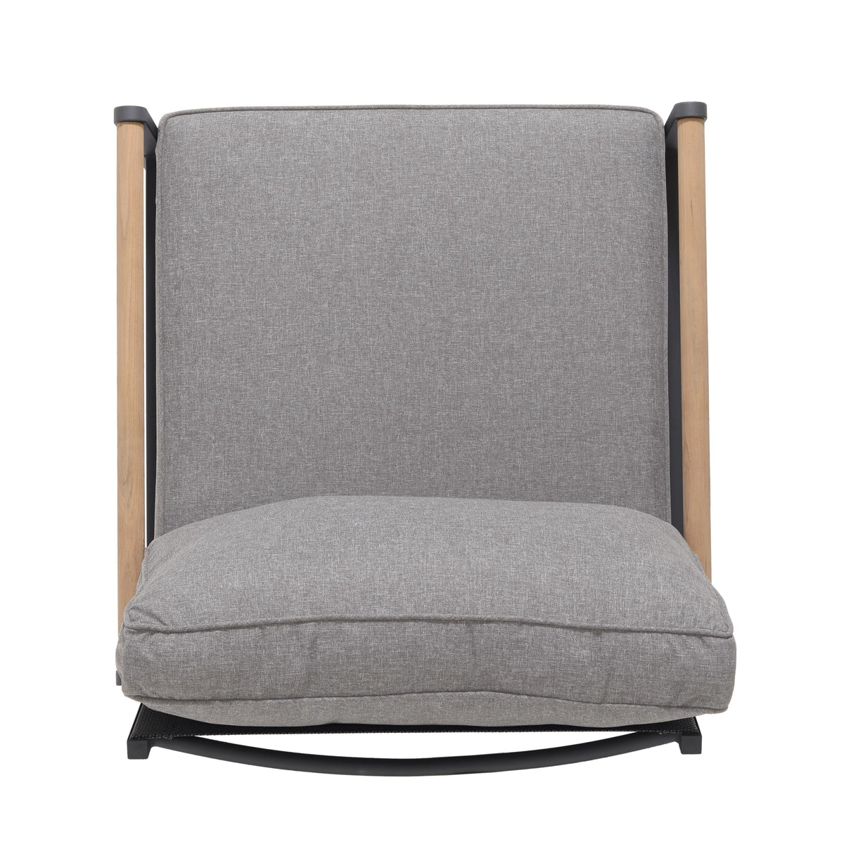 Outdoor lounge chair showing the cushioned seat, back, and FSC teak armrests.