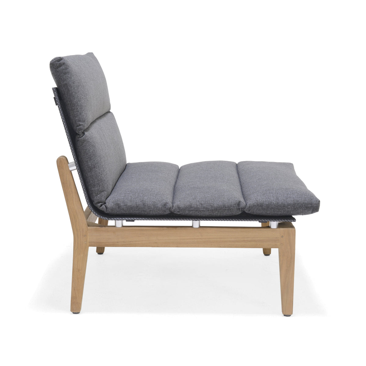 Outdoor side chair with cushioned seat and FSC-certified teak frame on a white background.