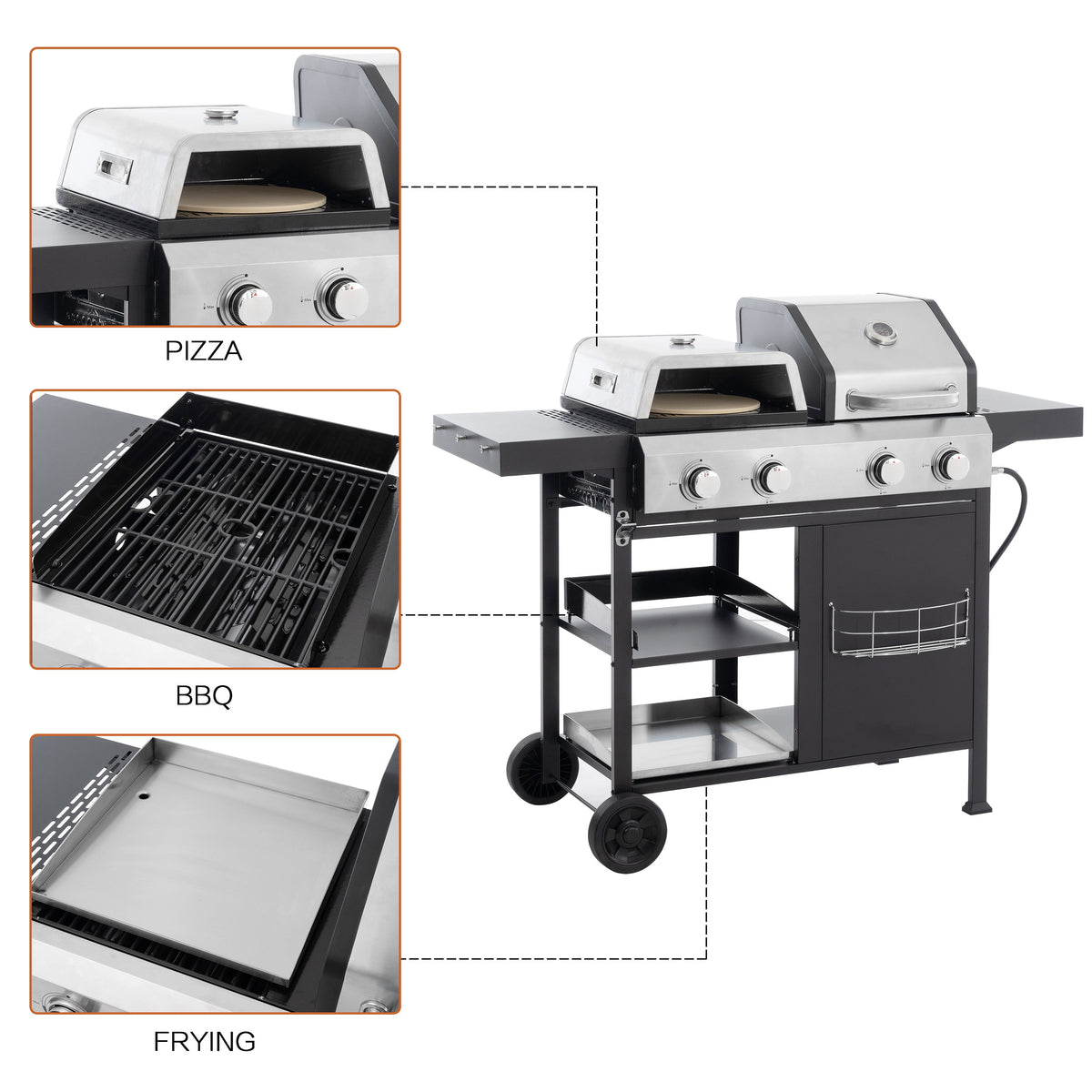 Outdoor cooking unit showing pizza, barbecue, and griddle cooking functions.