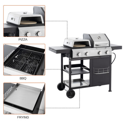Outdoor cooking unit showing pizza, barbecue, and griddle cooking functions.