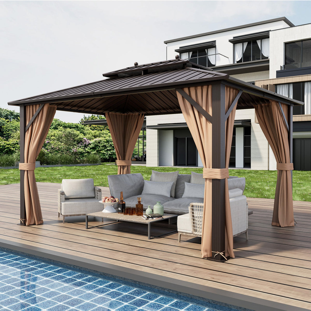 10 x 13 hardtop gazebo with tied-back curtains and outdoor seating beside a pool.