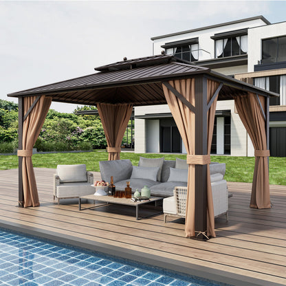 10 x 13 hardtop gazebo with tied-back curtains and outdoor seating beside a pool.